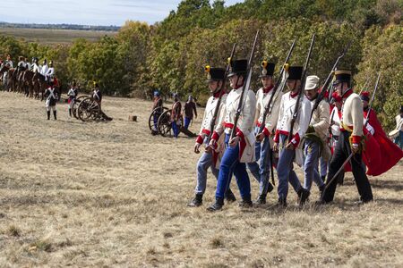 PÃ¡kozd Hungary Sept 29, 2019: Unidentified reenactors fighting the historic war of Independence of 1848 in Hungary. That battle was won -however, the freedom was short-lived.のeditorial素材