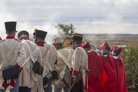PÃ¡kozd Hungary Sept 29, 2019: Unidentified reenactors fighting the historic war of Independence of 1848 in Hungary. That battle was won -however, the freedom was short-lived.のeditorial素材