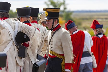 PÃ¡kozd Hungary Sept 29, 2019: Unidentified reenactors fighting the historic war of Independence of 1848 in Hungary. That battle was won -however, the freedom was short-lived.のeditorial素材