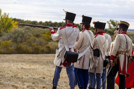 PÃ¡kozd Hungary Sept 29, 2019: Unidentified reenactors fighting the historic war of Independence of 1848 in Hungary. That battle was won -however, the freedom was short-lived.のeditorial素材