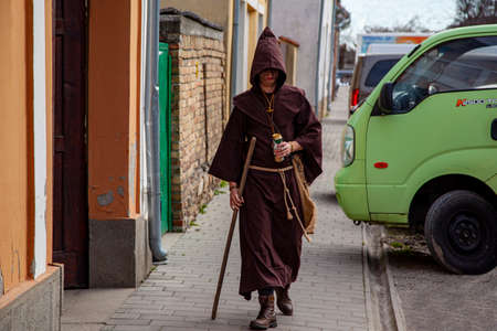 Hungary Mohacs Feb 23 2020: Participants at the Buso walking festival-ending the day before Ash Wednesday. People wearing traditional masks include folk music, masquerading, parades and dancing.のeditorial素材