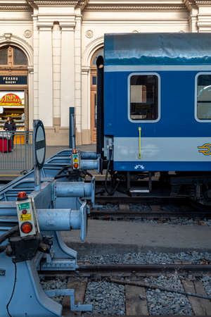 Budapest/Hungary- Feb 14, 2020: The Keleti Railway Station is one the oldest in Europe.  Locomotives and coaches and passengers. Connecting Hungary and the rest of Europe togetherのeditorial素材
