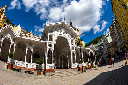 Karlovy Vary, Czech Republic Aug 24, 2019: Famous city in western Bohemia. Not just the architecture but also the health spas of the city.のeditorial素材