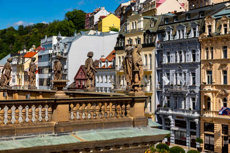 Karlovy Vary, Czech Republic Aug 24, 2019: Prettiest city in western Bohemia. The old town of Karlovy Vary famous, not just the architecture but also the health spas of the city.のeditorial素材