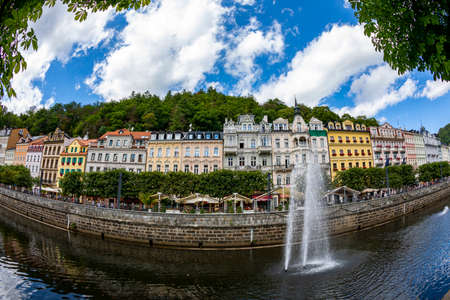 Karlovy Vary, Czech Republic Aug 24, 2019: Famous city in western Bohemia. Not just the architecture but also the health spas of the city.のeditorial素材
