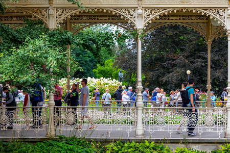 Karlovy Vary, Czech Republic Aug 24, 2019: People lining up to drink of the healing water in old town of Karlovy Vary.のeditorial素材