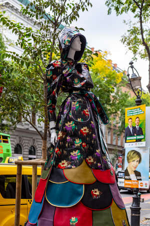 Budapest Hungary Feb 22, 2020:  Future fashion designers dress up mannequins on the street to show there work.のeditorial素材