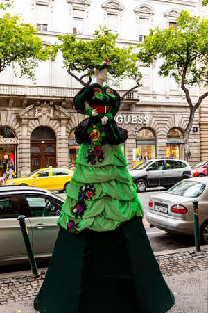 Budapest Hungary Feb 22, 2020:  Future fashion designers dress up mannequins on the street to show there work.のeditorial素材