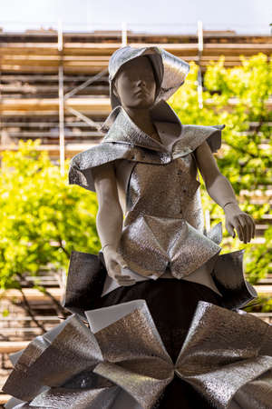 Budapest Hungary Feb 22, 2020:  Future fashion designers dress up mannequins on the street to show there work.のeditorial素材