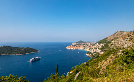 Dubrovnik West harbor Croatia sept 14, 2019: Crouse ships in the West Harbor. View from the hillside.のeditorial素材