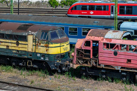 Budapest Hungary Kelti Railway Station Jun 01, 2020: Old locomotives (Nohab and a B Units) diesel electric, rusting away in a side line.のeditorial素材