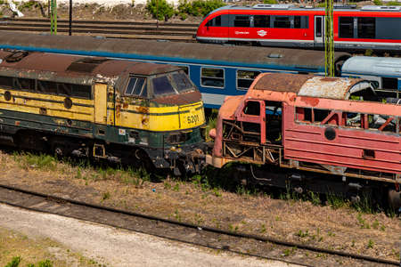 Budapest Hungary Kelti Railway Station Jun 01, 2020: Old locomotives (Nohab and a B Units) diesel...