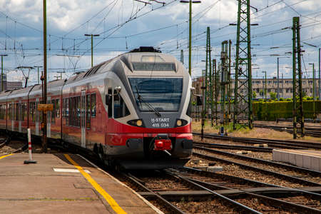 Budapest Hungary-Jun 1, 2020: Intercity train in the Keleti Railway Station. Connecting Budapest with rest of Europe.のeditorial素材