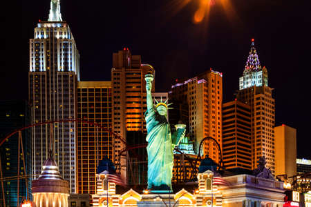LAS VEGAS USA - JULY 8 2018: New York-New York - at night - located on the Las Vegas Strip is shown in Las Vegas. Replica of the Statue of Liberty is 150 ft. (46 m) and the property opened in 1997.のeditorial素材