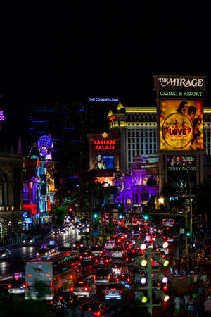 Las Vegas USA - Jun 17, 2019: Las Vegas boulevard lit up at night, known for its concentration of resort hotels and casinos. Most visible aspects of the dramatic architecture and lights.のeditorial素材