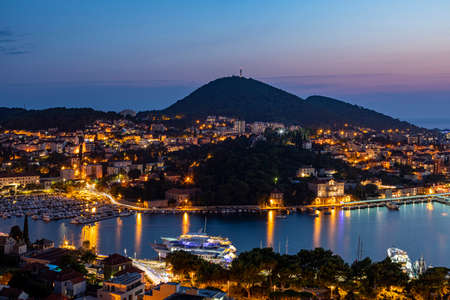 Dubrovnik West harbor Croatia sept 14, 2019: Panoramic view-at night-over the West harbor from the hillside.のeditorial素材