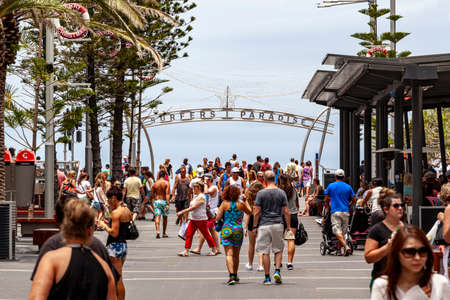 GOLD COAST, AUSTRALIA - MARCH 22 2014: Gold Coast City Surfers Paradise cityscape looking from Cavill Ave - the main tourist center of Surfers Paradise, Queensland Gold Coast Australiaのeditorial素材