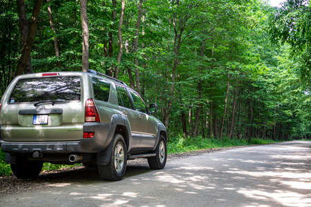 Hungary Bakony mountain range July 9, 2020: Toyota 4Runner SUV touring along on the forestry tracks.