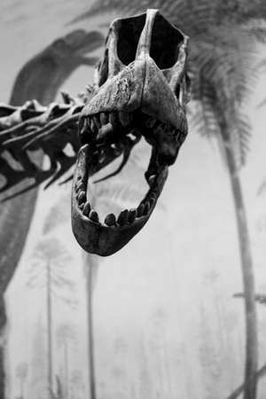Drumheller, Canada - Mar 27 2019: Visitors flock to the dinosaur exhibits at the entrance of the...