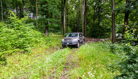 Hungary Matra mountain range July27, 2020: Toyota 4Runner SUV touring along on the forestry tracks.