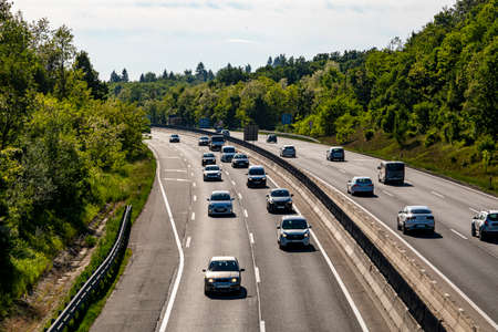 Hungary - near Budapest May 22, 2020: Aerial view - from an overpass - of the traffic on highway 3.のeditorial素材