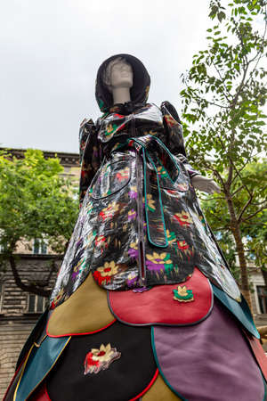 Budapest Hungary Feb 22, 2020: Future fashion designers dress up mannequins on the street to show there work.のeditorial素材