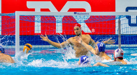 Budapest Hungary Jan 24, 2020: The 34th Men's European Water Polo Championship. The tournament for national teams. Turkey-Romania. Romania won by 20-3.のeditorial素材