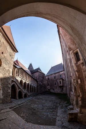 The architectural details of the inner courtyard of the Corvin - also known as Hunyadi Castle. Hunedoara, Transylvania.のeditorial素材