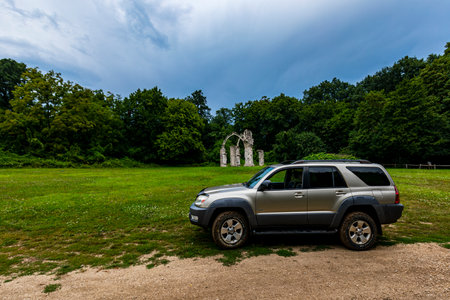 Hungary Bakony mountain range Sept 8, 2020: Toyota 4Runner SUV touring along on the forestry tracks.