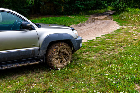 Hungary Bakony mountain range Sept 8, 2020: Toyota 4Runner SUV touring along on the forestry tracks.