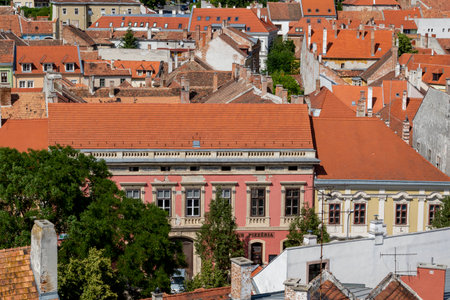 Sopron Hungary - Red roofs of the old town of Sopron seen from the Fire Watch tower. Sopron skyline.のeditorial素材
