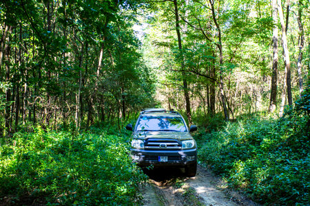 Hungary Matra mountain range Sept. 6, 2020: Different 4 wheel drive vehicles are on a off-road trip on the forestry tracks.のeditorial素材