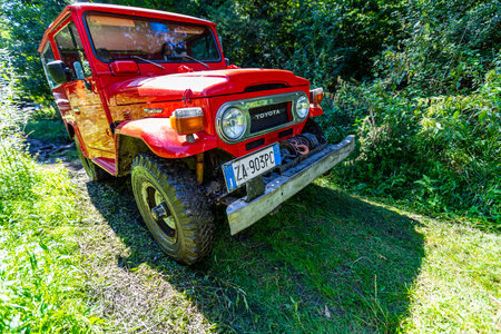 Hungary Matra mountain range Sept. 6, 2020: Different 4 wheel drive vehicles are on a off-road trip on the forestry tracks.のeditorial素材