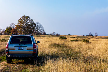 Hungary Central Mountain Range Sept. 23, 2020: Toyota 4Runner SUV touring along on the forestry...