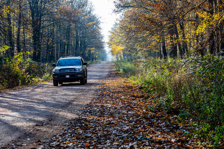 Hungary Central Mountain Range Sept. 23, 2020: Toyota 4Runner SUV touring along on the forestry tracks and local hunting grounds.のeditorial素材