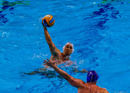 Budapest Hungary Jan. 22, 2020: The 34th Men's European Water Polo Championship. The tournament for national teams. Greece-Georgia  Greece won the game  by 17-10.のeditorial素材