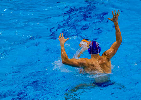Budapest Hungary Jan. 22, 2020: The 34th Men's European Water Polo Championship. The tournament for national teams. Greece-Georgia  Greece won the game  by 17-10.のeditorial素材