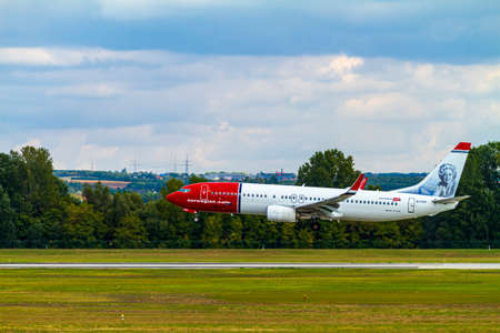 Budapest Hungary May 23 2020: Norwegian Airline Boeing 737 - 800 just landing at busy Budapest Liszt F. International airport.のeditorial素材