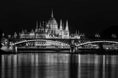 Budapest night panorama The Parliament house and Royal Castle with the Margaret bridge in the foreground.のeditorial素材