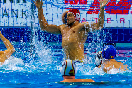Budapest Hungary Jan. 22, 2020: The 34th Men's European Water Polo Championship. The tournament for national teams. Germany - Romania. Germany won the game by 15-10.のeditorial素材