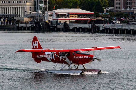 Victoria, BC, Canada - July 22 2019:  Float-planes in the inner harbor. This transportation is vital...