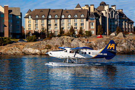 Victoria, BC, Canada - July 22 2019:  Float-planes in the inner harbor. This transportation is vital...