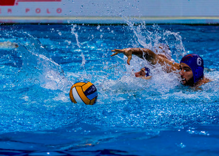 Budapest Hungary Jan. 22, 2020: The 34th Men's European Water Polo Championship. The tournament for national teams. Greece-Georgia Greece won the game by 17-10.のeditorial素材