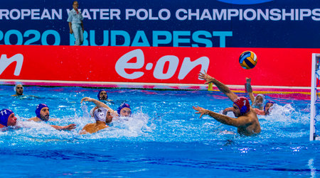 Budapest Hungary Jan. 22, 2020: The 34th Men's European Water Polo Championship. The tournament for national teams. Greece-Georgia Greece won the game by 17-10.のeditorial素材