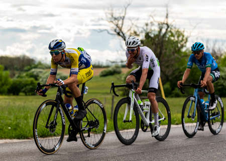 Hungary May 12, 2021: The Belgian (Yellow Blue) leading in Stage 1.  between Siofok and Kaposvar (183 km).   "Tour de Hongrie 2021" bicycle race on the highways and secondary country roads.のeditorial素材
