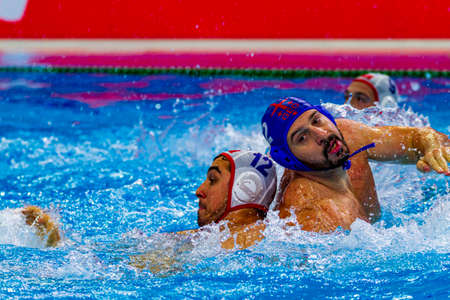 Budapest Hungary Jan 26, 2020: The 34th Men's European Water Polo Championship. The tournament for national teams. Turkey - Georgia. Georgia wins by 12-06.のeditorial素材