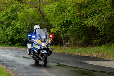 Hungary May 15, 2021 Hungarian Police Motorcyclist on BMW motorcycle. The BMW is sport touring...