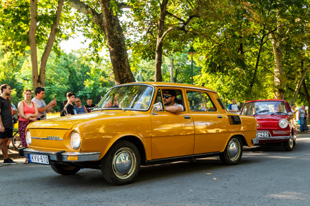 Szeged Hungary Aug 13, 2021: Festival of rear vintage cars (including ex communist designs) - driven by owners - are back and on the road again. Some in detail while on display.のeditorial素材