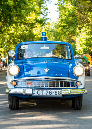 Szeged Hungary Aug 14, 2021: Festival of rear vintage cars (including ex communist's designs) - driven by owners - are back and on the road again. Some in detail while on display.のeditorial素材