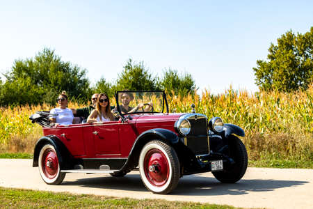 Szeged Hungary Aug 14, 2021: Festival of rear vintage cars - driven by owners - are back and on the road again. Some in detail while on display.のeditorial素材